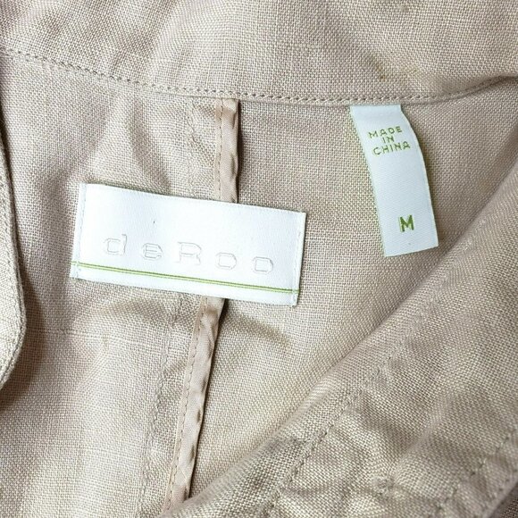 Deroo 100% Linen Khaki Button Up Utility Jacket Blazer Tan Long Sleeve Pockets M - Picture 7 of 10